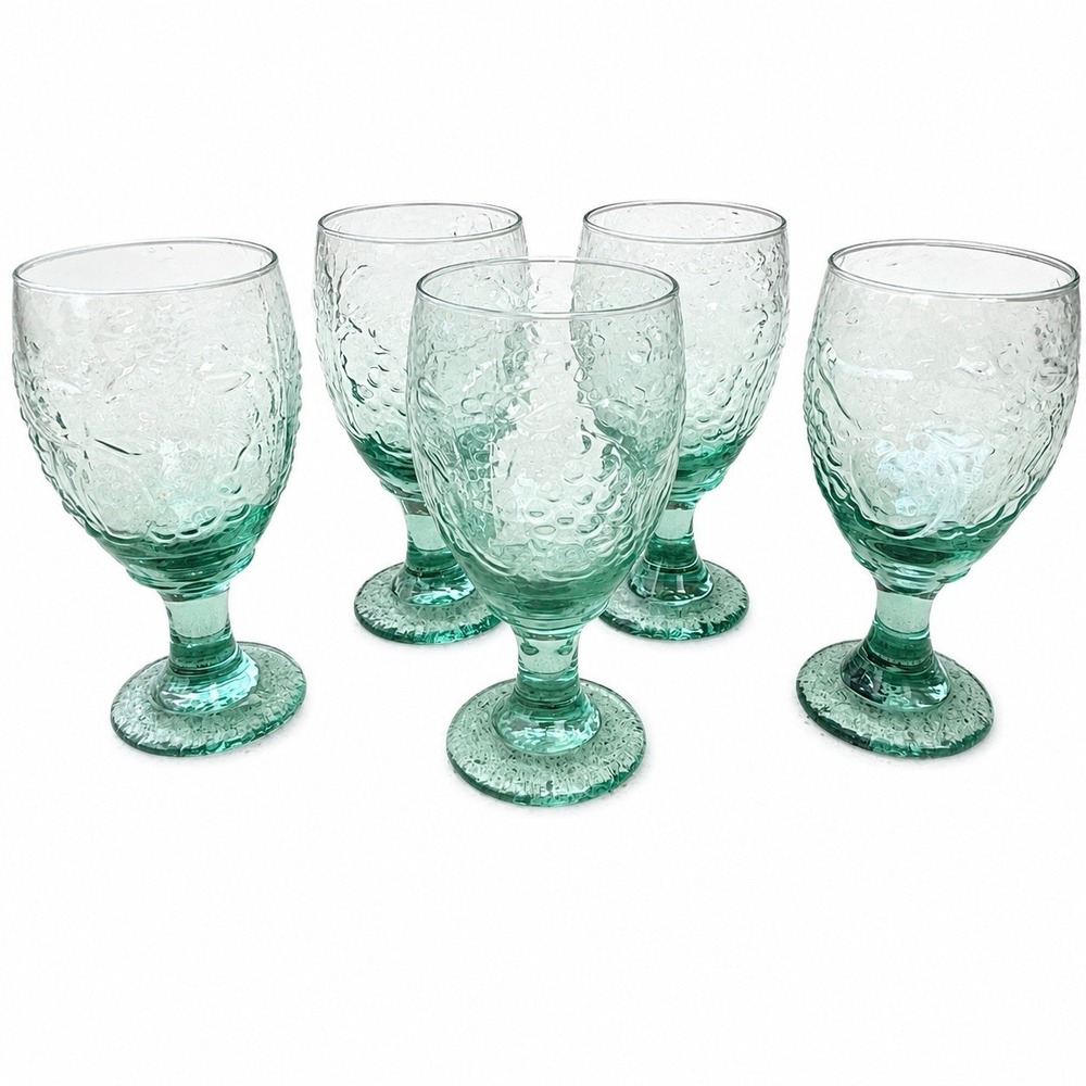 Libbey Orchard Green Goblets Set‎ of 5 Textured Stemmed Wine Water Glasses VTG